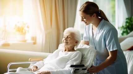 Elderly woman with female caregiver in living room. Space for text