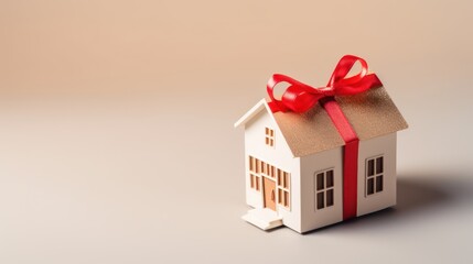 Wall Mural - Small house model with bow tie gift on the top, copyspace 