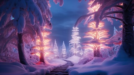 Wall Mural - Fabulous winter fantasy forest with fantastic trees shining with Christmas neon