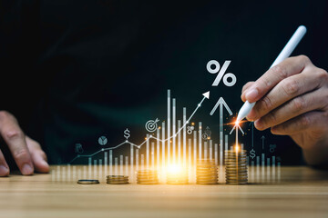 interest rates and dividends, investment returns, income, retirement Compensation fund, investment, dividend tax, upward direction percentage symbol. saving money for investment, long term investment