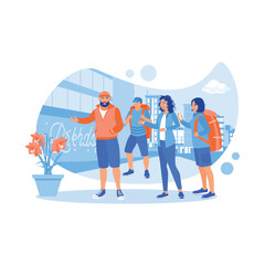 Wall Mural - A bearded male tour guide explains the culture and customs of the people in that place. Tourist Guide concept. trend modern vector flat illustration