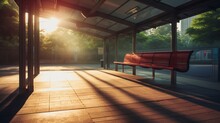 Bench In The City, Empty Bus Station Platform Under Soft Morning, Ai Generate 