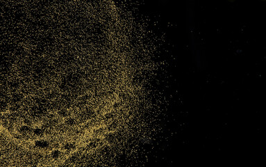 Wall Mural - Small size yellow Sand flying explosion, gold cheese sands grain wave explode. Abstract cloud fly. Yellow colored sand splash throwing in Air. black background Isolated high speed shutter, throwing