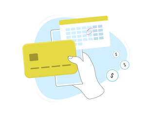 Poster - Subscription payment - monthly billing with calendar marking payment date alongside credit card icon. Payment process for subscribers, ideal for membership and recurring fees vector illustration