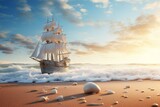 Fototapeta Perspektywa 3d - A picture depicting a sandy shore with a vessel sailing on the ocean. Generative AI