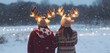 people wearing santa christmas sweater and reindeer antlers headband