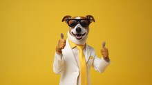 Dog Wearing Glass Thump Up On Yellow Background 