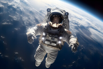 Wall Mural - spaceman or astronaut floating in the space with background of earth