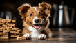 Funny cute little puppy standing by a wooden table with pile of dog biscuit treats. Happy portrait of dog with dog cookies and copy space