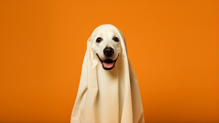 Wall Mural - Funny dog wearing cute ghost halloween costume