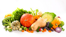 Fresh Raw Vegetables Ingredents- Pumpkin, Butternut, Broccoli,carrot,cauliflower Isolated On White Background