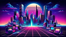 Retro Illustration With Neon, Tall Buildings, Retro Games, And The Sun