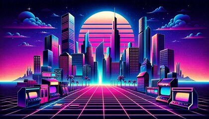 retro illustration with neon, tall buildings, retro games, and the sun