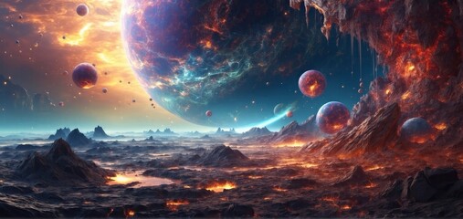 Wall Mural - witness the mesmerizing impact of particles striking a fantasy planet's surface.