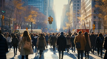 Crowd Of Anonymous People Walking On Busy New York City Street