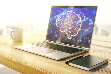 Poster - Creative artificial Intelligence concept with human brain sketch on modern laptop monitor. 3D Rendering