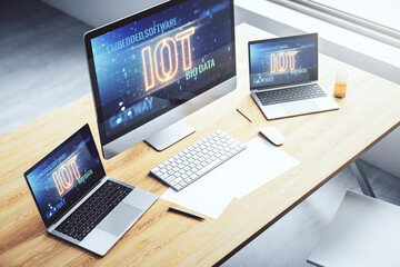 Aufkleber - Modern computer monitor with creative IOT hologram, research and development concept. 3D Rendering