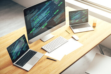Aufkleber - Abstract creative coding illustration on modern computer monitor, software development concept. 3D Rendering