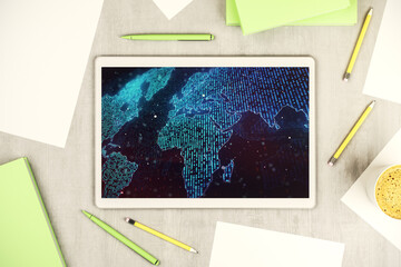 Poster - Modern digital tablet display with abstract creative world map, research and analytics concept. Top view. 3D Rendering