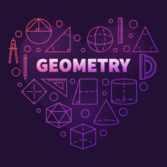 Wall Mural - Geometry vector School Discipline concept outline heart-shaped modern colored banner. Heart with Geometric Shapes symbols illustration