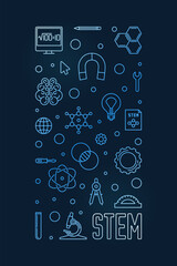 Poster - STEM Science, Technology, Engineering and Maths concept vertical blue line banner - vector linear illustration
