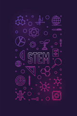 Poster - STEM concept vertical minimal linear purple banner. Science, technology, engineering, mathematics illustration