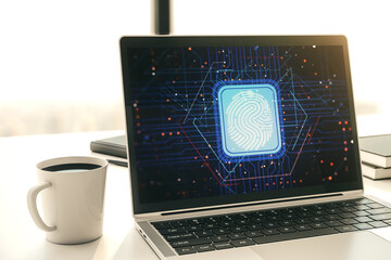 Aufkleber - Abstract creative fingerprint illustration on modern laptop monitor, digital access concept. 3D Rendering
