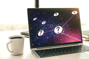 Aufkleber - Creative abstract question mark sketch on modern laptop monitor, FAQ and research concept. 3D Rendering