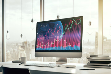 Aufkleber - Modern computer display with abstract financial graph with world map, financial and trading concept. 3D Rendering