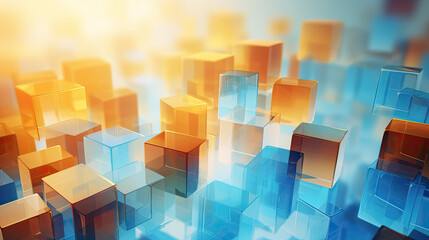 Wall Mural - Texture background with random 3d cubic crystal boxes in bright blue and yellow colors