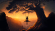 Golden Hour Swing: Girl on a Giant Tree at Ochre Sunset
