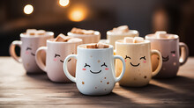 Super Cute Mug With Smiley Face And Hot Chocolate And Marshmallows,Hot Winter Drink. Cup Of Hot Chocolate With Marshmallows Copy Space, Selective Focus