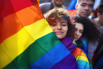 Wall Mural - Group of people standing together around vibrant rainbow flag. This image can be used to represent LGBTQ pride, diversity, unity, and support.