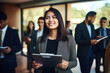 © vefimov - Woman is seen holding tablet computer in front of group of people. This versatile image can be used to represent technology, communication, teamwork, or business presentations.
