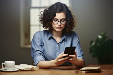 Wall Mural - Woman sitting at table, focused on her cell phone. This image can be used to depict technology addiction, social media usage, or modern communication habits.