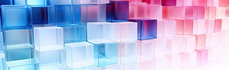 Wall Mural - Panoramic texture background with random 3d cubic crystal boxes in bright blue and red colors