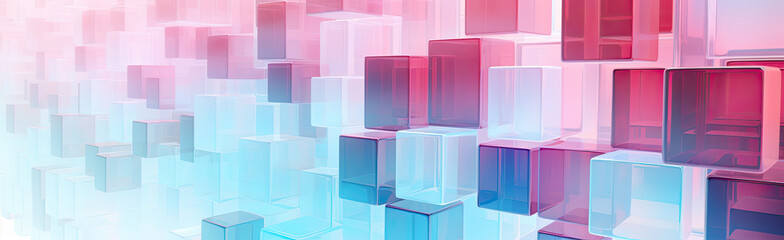 Wall Mural - Panoramic texture background with random 3d cubic crystal boxes in bright blue and red colors