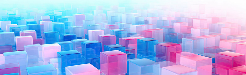 Wall Mural - Panoramic texture background with random 3d cubic crystal boxes in bright blue and red colors