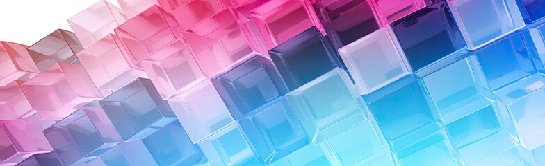 Wall Mural - Panoramic texture background with random 3d cubic crystal boxes in bright blue and red colors