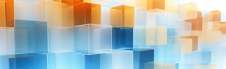 Wall Mural - Panoramic texture background with random 3d cubic crystal boxes in bright blue and yellow colors