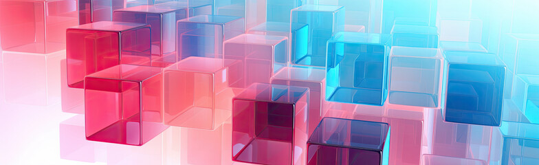 Wall Mural - Panoramic texture background with random 3d cubic crystal boxes in bright blue and red colors