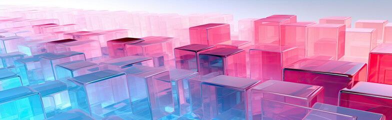 Wall Mural - Panoramic texture background with random 3d cubic crystal boxes in bright blue and red colors