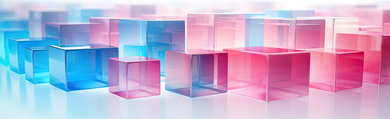 Wall Mural - Panoramic texture background with random 3d cubic crystal boxes in bright blue and red colors