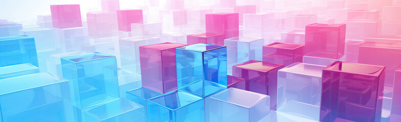 Wall Mural - Panoramic texture background with random 3d cubic crystal boxes in bright blue and red colors