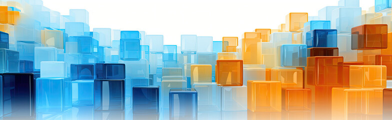 Wall Mural - Panoramic texture background with random 3d cubic crystal boxes in bright blue and yellow colors