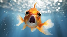 Close-up Of Goldfish With Wide Eyes And Open Mouth In Bubbly Water
