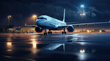 Fototapeta  - an airport at night has an airplane on the asphalt