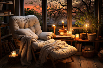 Aufkleber - A comfortable reading nook with a cozy armchair, a warm blanket, and a stack of books for a peaceful evening.  