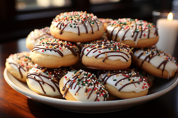 Wall Mural - A close-up of a plate of freshly baked Christmas cookies, decorated with icing and sprinkles.  