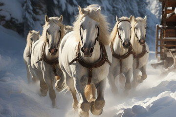 Poster - A sleigh ride through a snow-covered forest, pulled by beautiful horses adorned with jingle bells. 